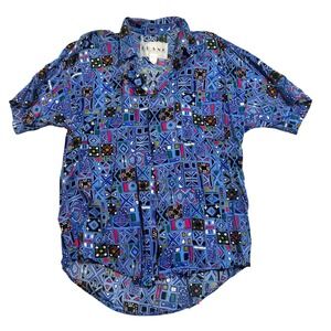 Vintage Geometric FRANK Men Short Sleeve Button Down Shirt Blue Grandpacore